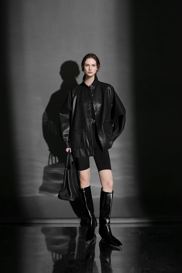 Chic Oversized Leather Jacket for Women – Premium Lambskin Commuter Coat with Large Pockets, Autumn Fashion