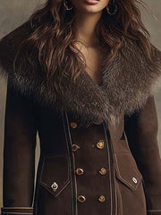Vintage Brown Eco-Suede Double-Breasted Coat With Faux Fur Collar