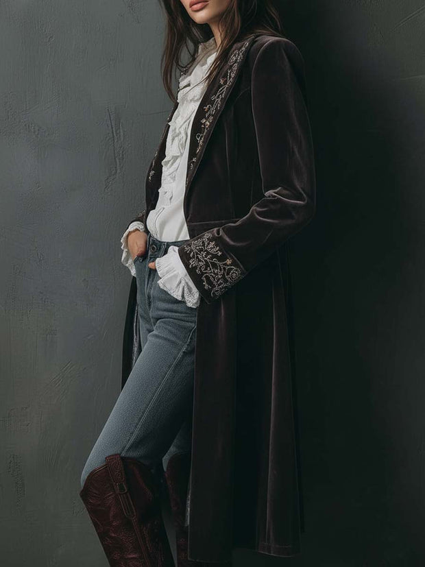 Embroidered Velvet Long Coat – Baroque Brown