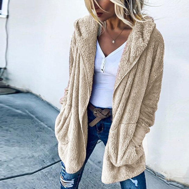 Wearshes Casual Long-sleeved Hooded Faux Fur Cardigan Coat