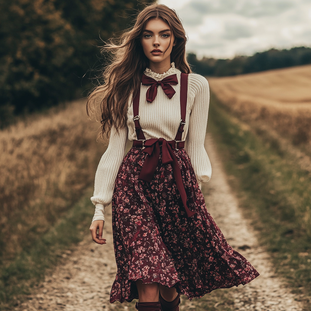 Women's Two-piece Bohemian Pastoral Suspender Floral Dress Autumn And Winter Retro Dress Two-piece Set