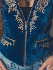 Zippered Boho Royal Blue Embroidered Velvet Vest
