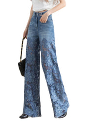 Vogue Blue Lace Patchwork Hollow Out High Waist Denim Pants