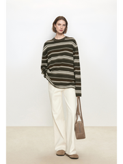 Wide Stripe Wool Knit Sweater for Women – Soft and Cozy Round Neck Pullover for Autumn/Winter