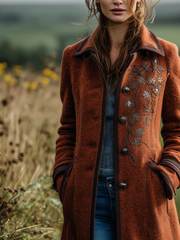 Retro Contrast Color Trim Embroidery Woolen Polyester Mid-Length Jacket