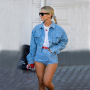 Women's Denim Sequined Jacket & Short Two-Piece Set
