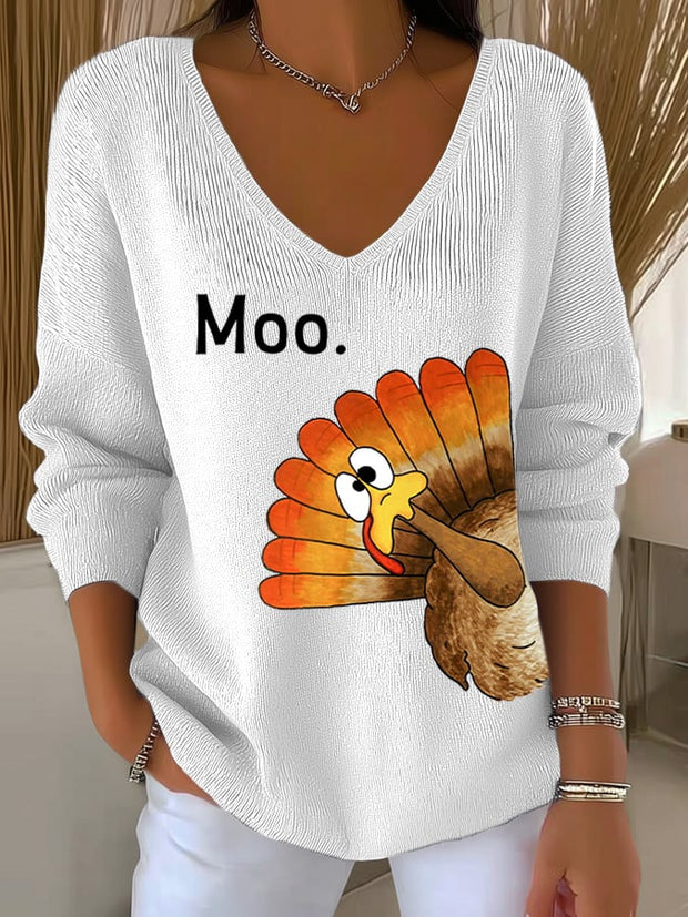 Women's Thanksgiving Turkey Moo Print Knit Top