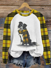 Women's Cute Dog Plaid Print Casual Crew Neck Sweatshirt