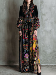 Boho Floral Print Velvet Long Sleeve Gown Maxi Dress With Lace Trim