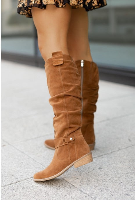 Winter Knee High Boots 2022 New Fashion Retro Woman Booties Low Heel Side Zip Size 43 Suede Thigh High Women's Boots