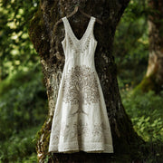 Nordic Myth Tree Of Life Embroidered Women's Linen V-neck Vest Midi Dress