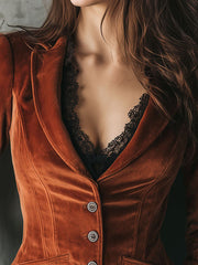 Burnt Orange Velvet Corset Tailored Jacket With Lace Trim