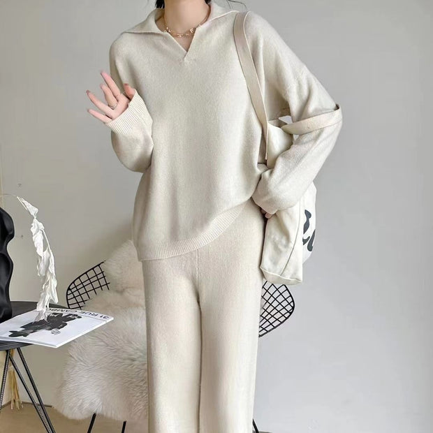 Casual Knitted Polo Collar Top and Wide Leg Pants Two-piece Set