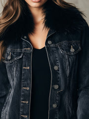 Classic Dark Blue Eco Fur Collar Denim Jacket