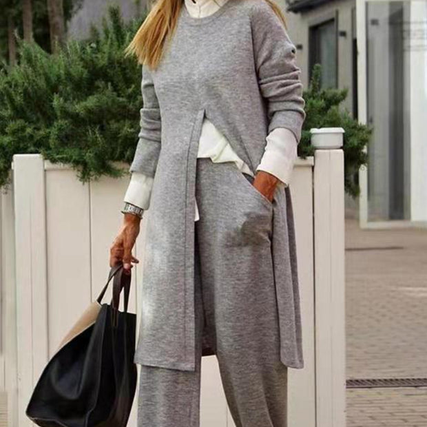 Casual Solid Color Slit Swaetshirt Two-piece Set