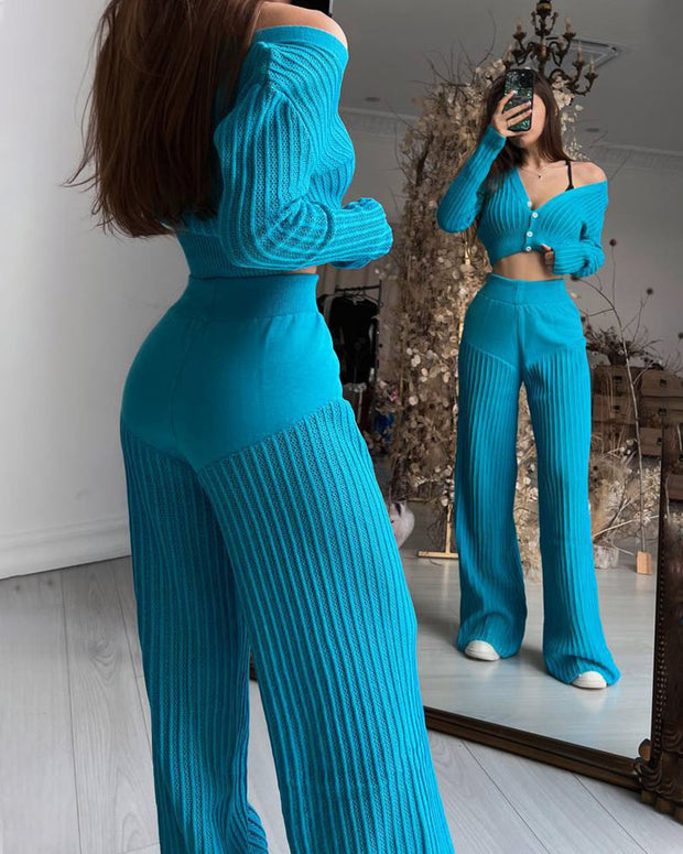 Fashionable knitted see-through hollow two-piece set