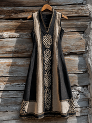 Women's Celtic Embroidered Patch Linen V-neck Vest Midi Dress