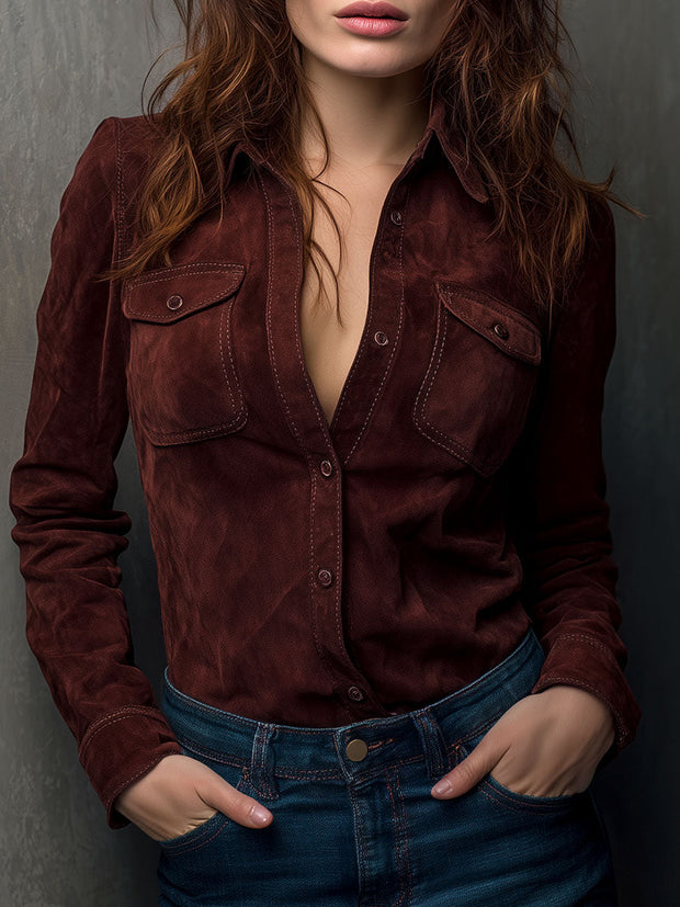 Chestnut Brown Eco Suede Western Shirt With Pockets