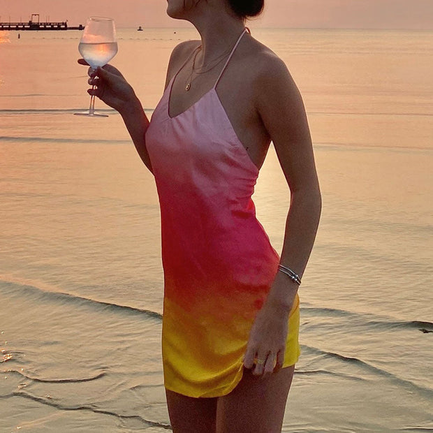 Sunset Gradient Retro Mini Strappy Dress