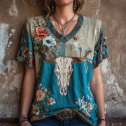Western Bull Skull & Flowers Embroidered Comfy T Shirt