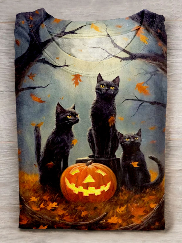 Halloween Black Cats Printed Crew Neck Women's T-shirt