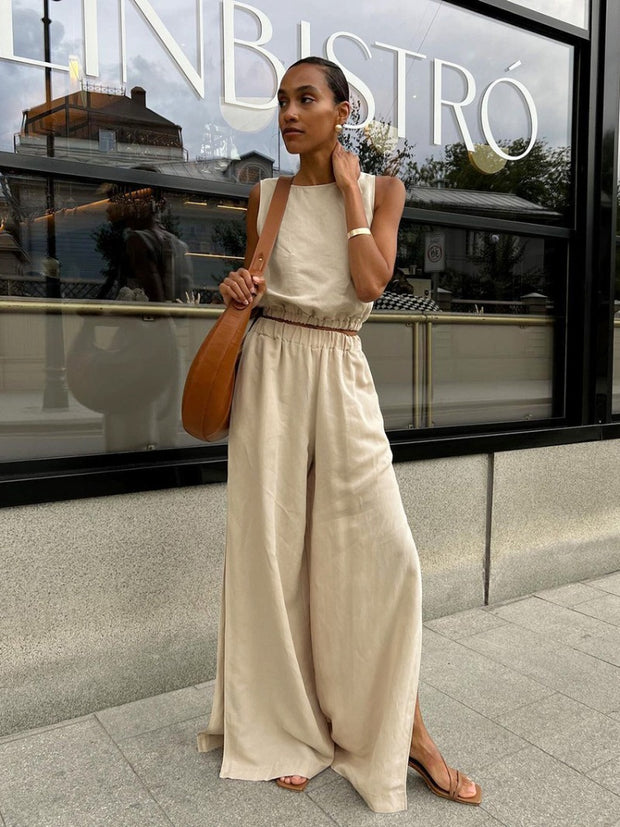 Casual Solid Color Sleeveless Top and Wide Leg Pants Set