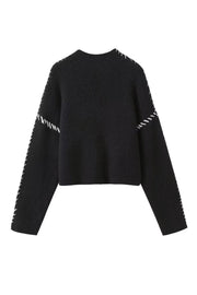 Contrast Whipstitching Turtleneck Long Sleeve Sweater