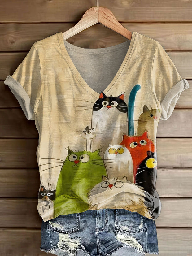 Women's Cute Cat Art Print V-neck Casual T-Shirt