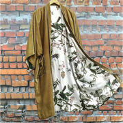 Fashion Lining Flower Leaf Print Kimono Duster