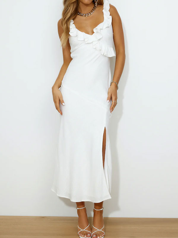 Ruffle midi dress in white