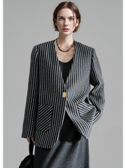 Nordic Striped Wool Blazer for Women – Elegant V-Neck Suit Jacket with Metal Buckle and Structured Shoulders, Fall Office Wear