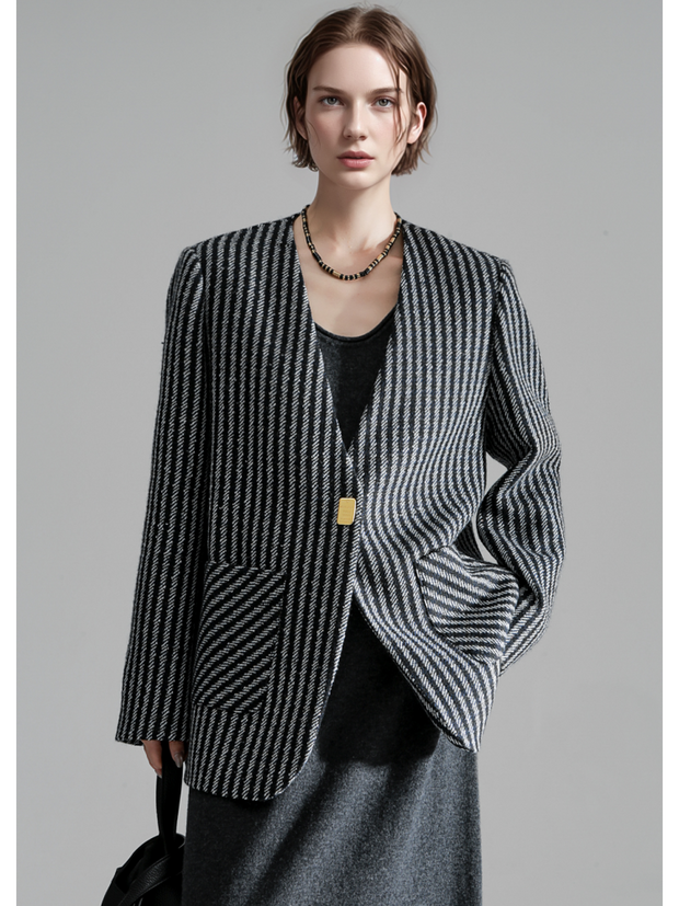Nordic Striped Wool Blazer for Women – Elegant V-Neck Suit Jacket with Metal Buckle and Structured Shoulders, Fall Office Wear