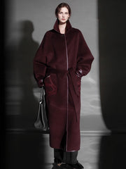 Chain Pattern Wool Coat for Women – Double-Faced Alpaca Wool Overcoat with Leather Trim, Chic Oversized Silhouette Winter Outerwear