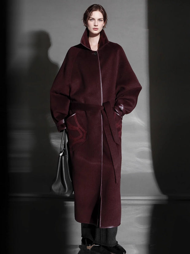 Chain Pattern Wool Coat for Women – Double-Faced Alpaca Wool Overcoat with Leather Trim, Chic Oversized Silhouette Winter Outerwear