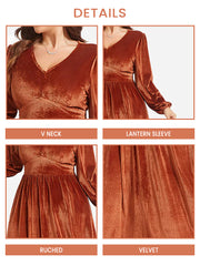 Lantern Sleeve Ruched Velvet Maxi Dress