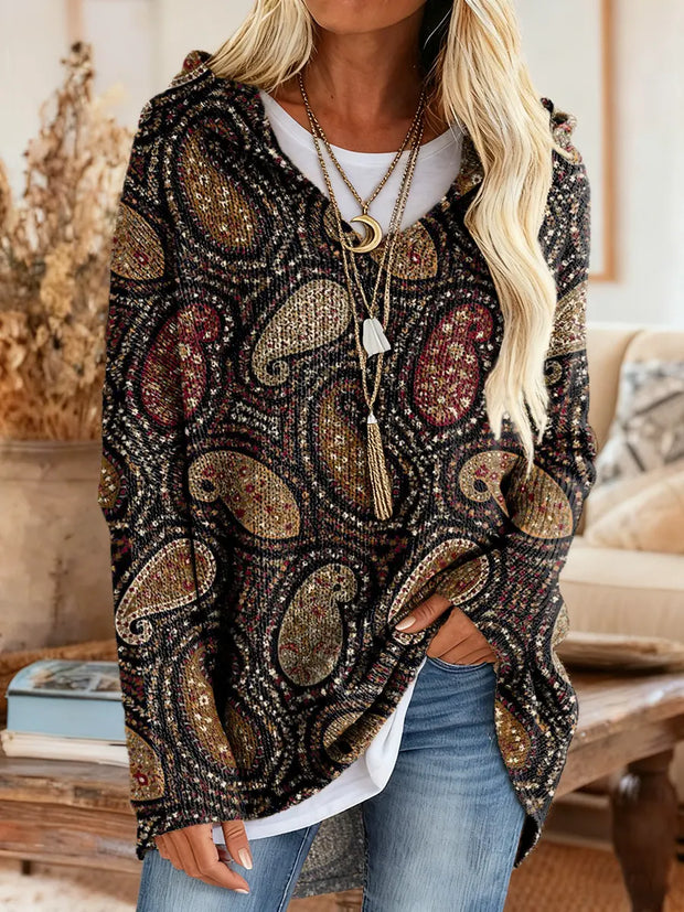 Women's Ethnic Paisley Art Print Casual Knitted Hooded Tunic Top