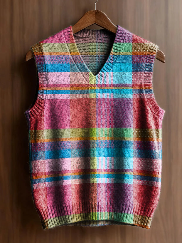 Women's Colorful Plaid Pattern Art Print Casual V-neck Knit Top