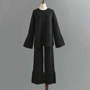 Fashionable bell sleeves, round neck and slit two-piece set