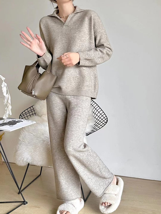 Casual Knitted Polo Collar Top and Wide Leg Pants Two-piece Set