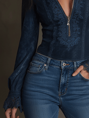Bohemian Midnight Indigo Lace Zip-Up Shirt