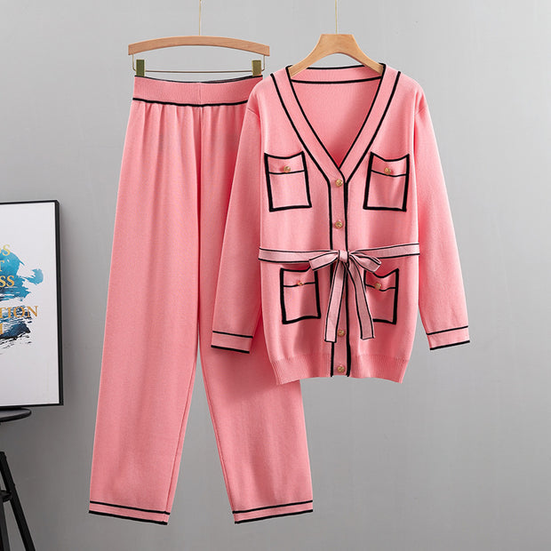 Elegant Color Contrast Two-piece Sweater Suit