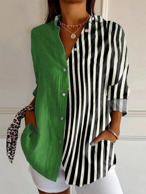 Plain Patchwork Striped Long-Sleeved Shirt