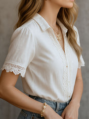Vintage-Inspired Lace Trim White Blouse