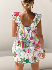 Christmas Light Globe Print Ruffled Trim Short Tank Top Shorts Pajama Set