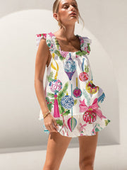 Christmas Light Globe Print Ruffled Trim Short Tank Top Shorts Pajama Set