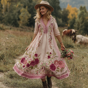 Classy Gradient Pink Roses And Striped Embroidered Linen Maxi Dress