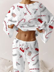 Women's Christmas Candy Cane Pattern Long Sleeve Pant Suit