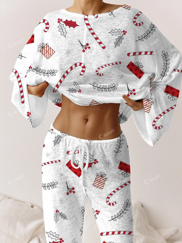 Women's Christmas Candy Cane Pattern Long Sleeve Pant Suit