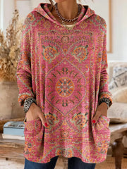 Women's Ethnic Totem Art Print Casual Knitted Pocket Hooded Tunic Top