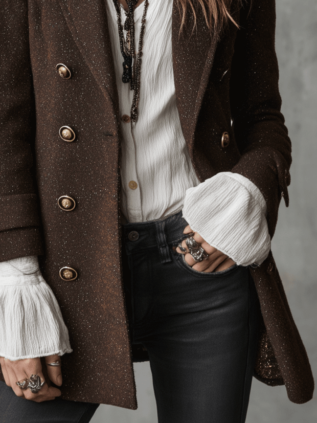 Vintage Brown Wool Double-Breasted Military Blazer Coat